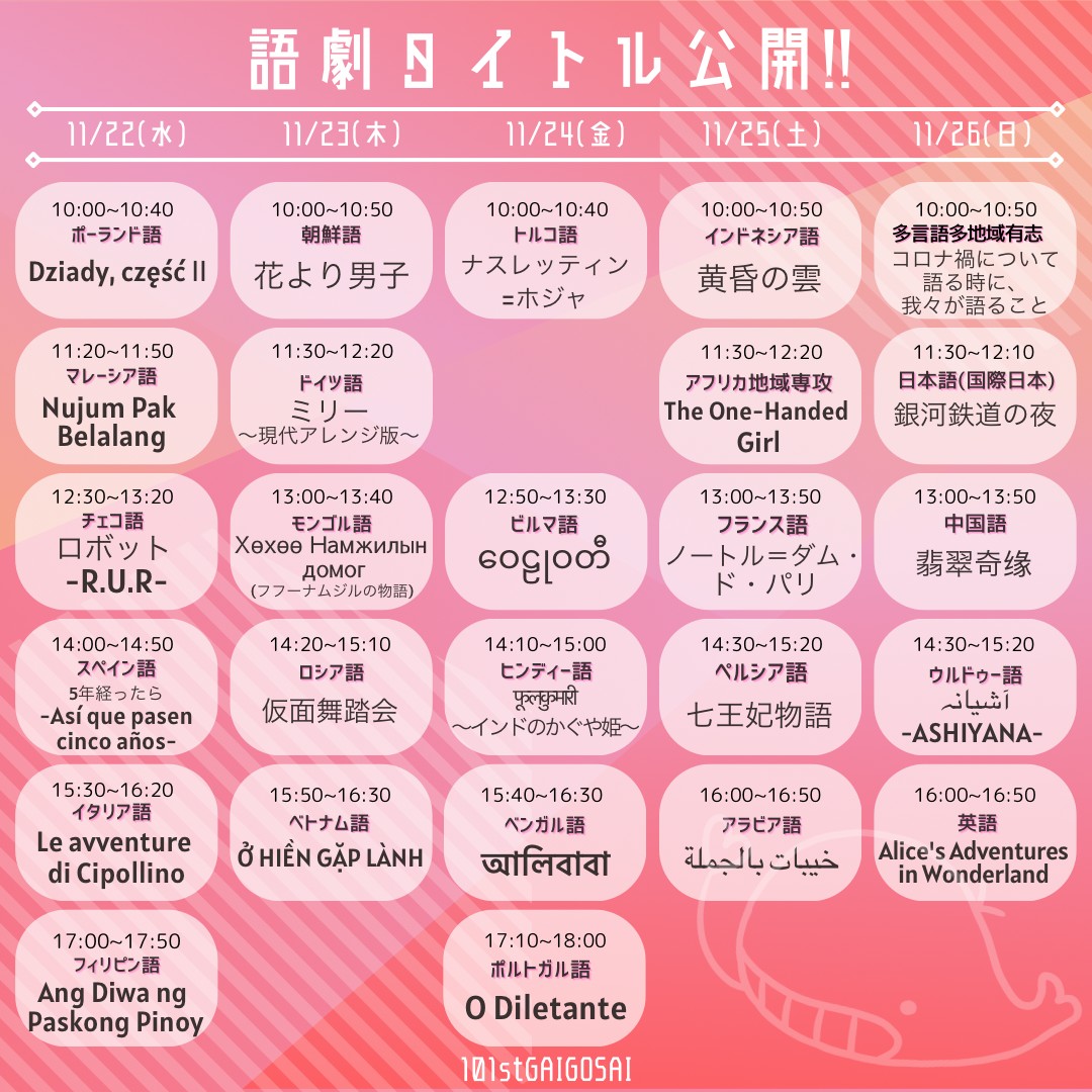 第101回外語祭の語劇のテイムテーブル