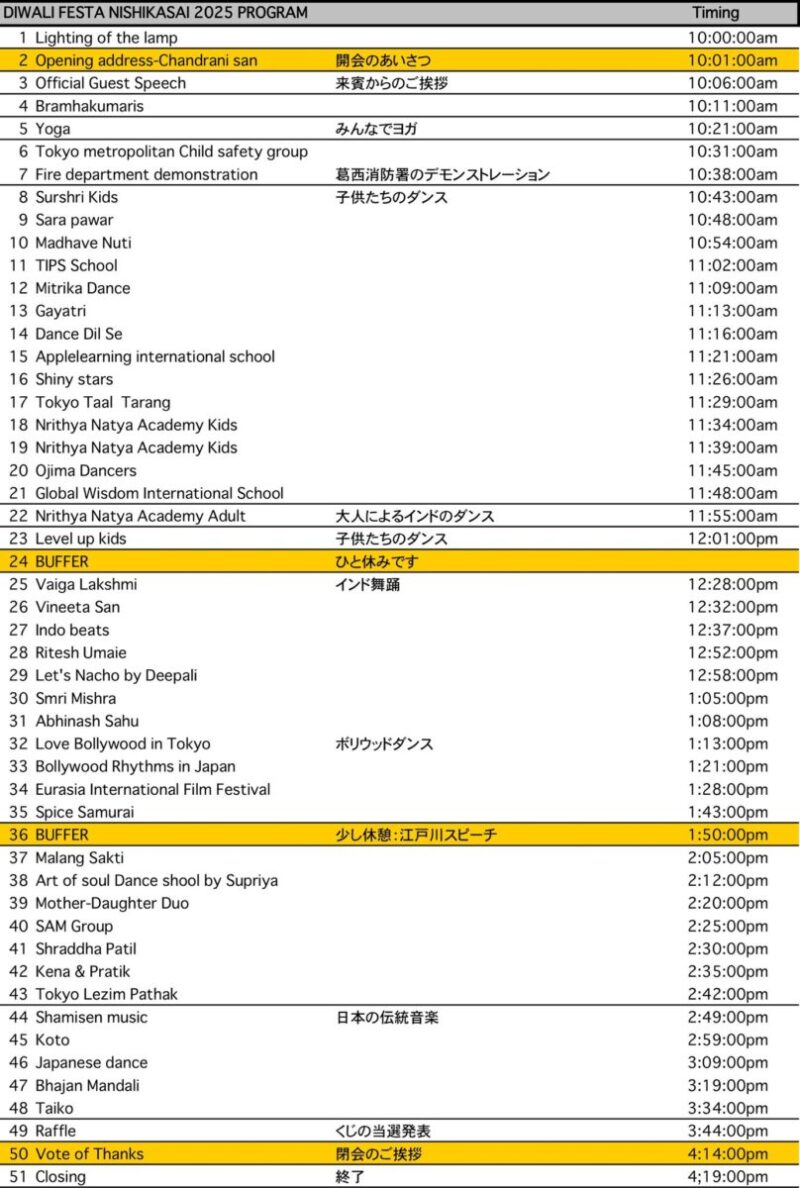 東京ディワリフェスタ西葛西2025のイベント・プログラム・スケジュール