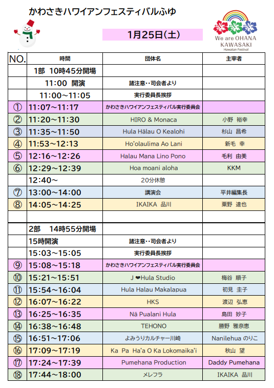 2025年1月25日（土）のタイムテーブル
